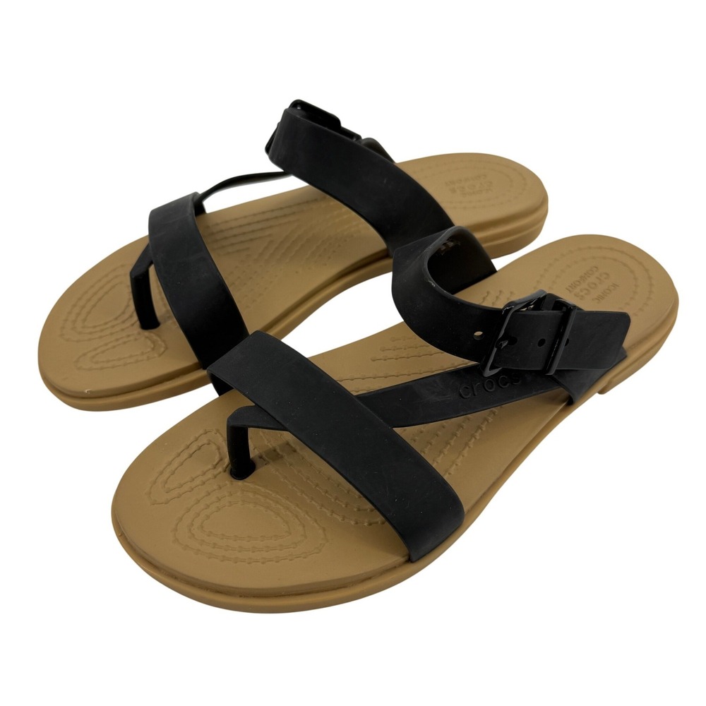 Crocs Tulum Toe Post Sandal Black Tan Women 5 Strappy Slip On Flip Flop Casual